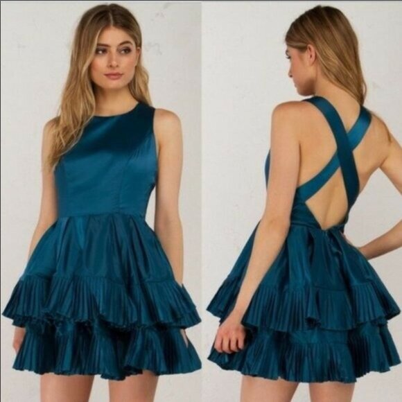 AKIRA Dresses & Skirts - NWT Akira Ammo Carriage Ride in Paris Flounce Teal Blue Satin Cocktail Dress L